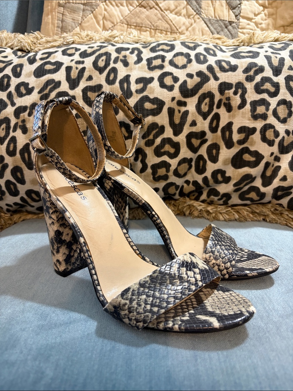 Francesca’s Snake-Print Ankle Strap Block Heel Sandals - Women